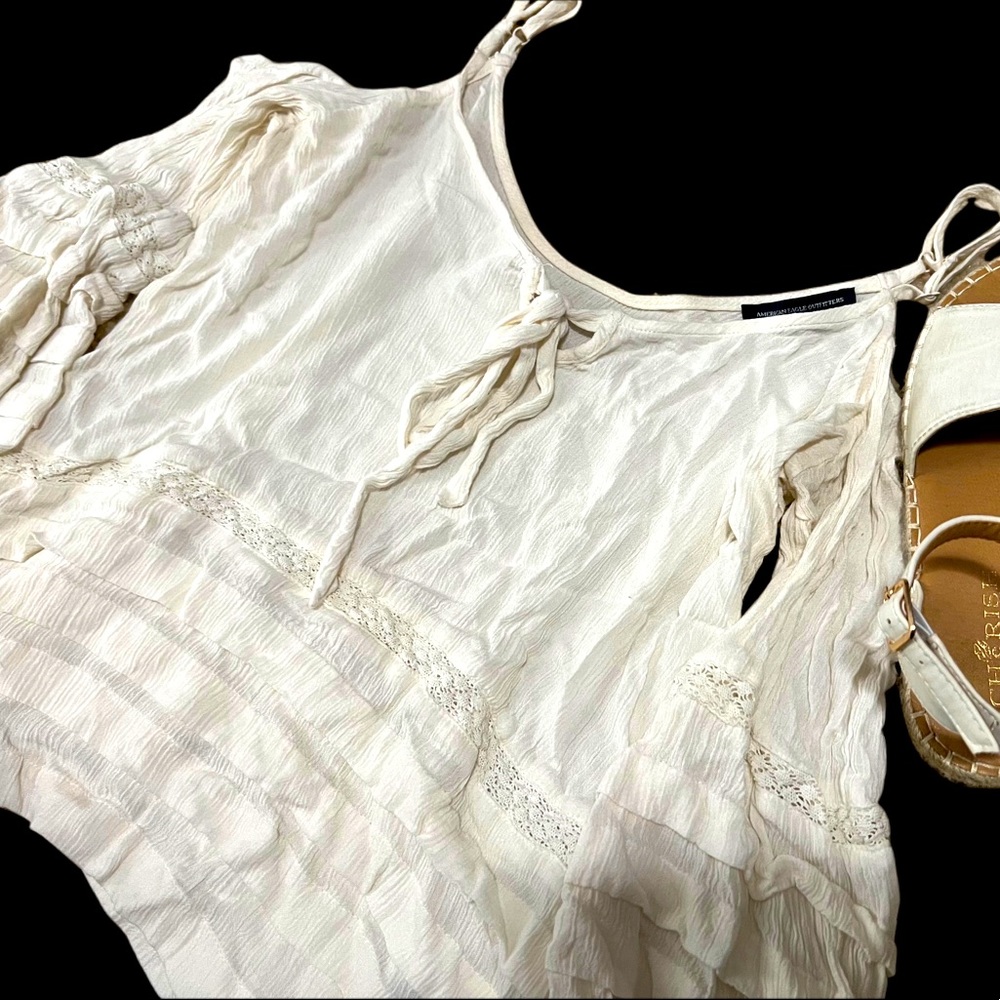 Boho Ruffled and Flowy Long Sleeved Off White Crop Top